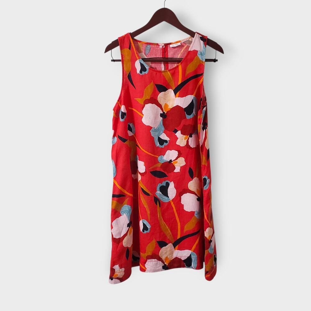 Sigrid Olsen Womens‎ Red Tropical Floral Linen Trapeze Dress Medium Summer Retro